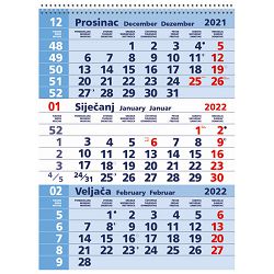 Kalendar zidni trodijelni 2023. sa spiralom plavi