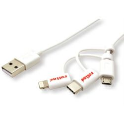 Roline USB2.0 kabel za punjenje i prijenos podataka, 8pin + MicroB + Type-C, 1.0m, bijeli