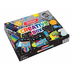 Set za likovni odgoj Target  sadrži: drvene boje 12/1, flomastere 12/1,vodene boje 12/1, tempere 12/1, boje uljne, flomaster crni, glinamol 250 g, tempera bijela, plastelin, tuš crni, čaša za vodu, se