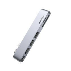 UGREEN 6-portni Dual USB-C HUB 3xUSB-A 3.0, 1xTF, 1xSD, 1xUSB-C, za MacBook Pro/Air, sivi