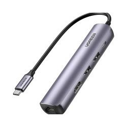 UGREEN 5-portni USB-C HUB 2xUSB-A 3.0 A, 1xHDMI, 1xRJ45, 1x USB-C PD, sivi
