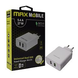 Kućni adapter MAXMOBILE QC 3.0 QUICK CHARGE DUAL USB TR-275 5.4A,27W bijeli