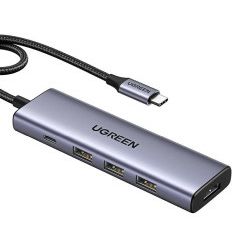 UGREEN 5-portni USB-C HUB 3x USB-A 3.2, 1xUSB-C PD, 1xHDMI 4K 30 fps, sivi
