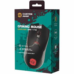 CANYON Carver GM-116,  6keys Gaming wired mouse, A603EP sensor, DPI up to 3600, rubber coating on panel, Huano 1million switch, 1.65M PVC cable, ABS material. size: 130*69*38mm, weight: 105g, Black