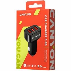 CANYON Mini 3 USB car adapter, Input 12V-24V, Output 5V-3.1A, black rubber coating+black metal ring (side with USB is in plastic)