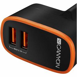 CANYON H-02 Universal 2xUSB AC charger (in wall) with over-voltage protection, Input 100V-240V, Output 5V-2.1A , with Smart IC, black rubber coating with orange stripe, 64*56*34.6mm, 0.041kg