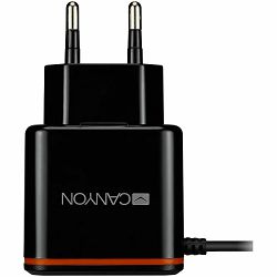CANYON H-042 Universal 1xUSB AC charger (in wall) with over-voltage protection, plus Type C USB connector, Input 100V-240V, Output 5V-2.1A, with Smart IC, black (orange stripe)​, cable length 1m, 81*4