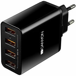 CANYON H-06 Universal 4xUSB AC charger (in wall) with over-voltage protection, Input 100V-240V, Output 5V-5A, with Smart IC, black glossy color+orange plastic part of USB, 96.8*52.48*28.5mm, 0.09kg