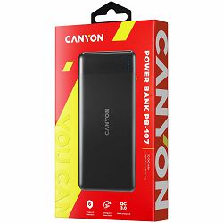 CANYON PB-107 Power bank 10000mAh Li-poly battery, Input Micro/PD 18W(Max), Output PD/QC3.0 18W(Max), quick charging cable 0.3m, 144*68*16mm, 0.25kg, Black