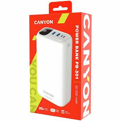 CANYON PB - 301 Power bank 30000mAh Li-poly battery, Input Micro: DC5V/2A, 9V/2A Input Type c PD ： DC5V/3A, 9V/2A， Output Type C  PD:5V/3A,9V/2.2A,12V/1.5AOutput USB A1+USBA 2 : 5V3A,5V/4.5A,4.5V/5A,9