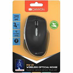 Canyon  2.4 GHz  Wireless mouse ,with 7 buttons, DPI 800/1200/1600, Battery: AAA*2pcs,Black,72*117*41mm, 0.075kg