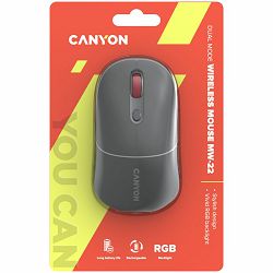 CANYON MW-22, 2 in 1 Wireless optical mouse with 4 buttons,Silent switch for right/left keys,DPI 800/1200/1600, 2 mode(BT/ 2.4GHz),  650mAh Li-poly battery,RGB backlight,Dark grey, cable length 0.8m, 