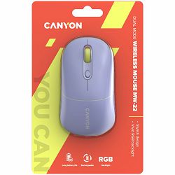 CANYON MW-22, 2 in 1 Wireless optical mouse with 4 buttons,Silent switch for right/left keys,DPI 800/1200/1600, 2 mode(BT/ 2.4GHz),  650mAh Li-poly battery,RGB backlight,Mountain lavender, cable lengt