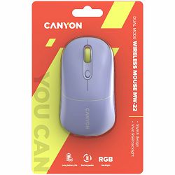 CANYON MW-22, 2 in 1 Wireless optical mouse with 4 buttons,Silent switch for right/left keys,DPI 800/1200/1600, 2 mode(BT/ 2.4GHz),  650mAh Li-poly battery,RGB backlight,Mountain lavender, cable lengt