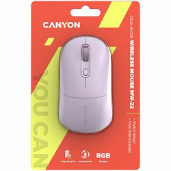 CANYON MW-22, 2 in 1 Wireless optical mouse with 4 buttons,Silent switch for right/left keys,DPI 800/1200/1600, 2 mode(BT/ 2.4GHz),  650mAh Li-poly battery,RGB backlight,Pearl rose, cable length 0.8m,
