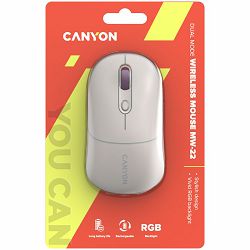 CANYON MW-22, 2 in 1 Wireless optical mouse with 4 buttons,Silent switch for right/left keys,DPI 800/1200/1600, 2 mode(BT/ 2.4GHz),  650mAh Li-poly battery,RGB backlight,Rice, cable length 0.8m, 110*6
