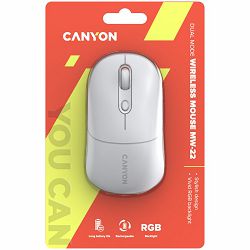 CANYON MW-22, 2 in 1 Wireless optical mouse with 4 buttons,Silent switch for right/left keys,DPI 800/1200/1600, 2 mode(BT/ 2.4GHz),  650mAh Li-poly battery,RGB backlight,Snow white, cable length 0.8m,
