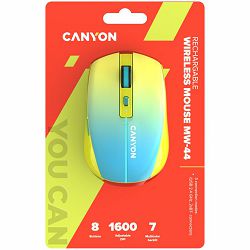 CANYON MW-44, 2 in 1 Wireless optical mouse with 8 buttons, DPI 800/1200/1600, 2 mode(BT/ 2.4GHz), 500mAh Lithium battery,7 single color LED light , Yellow-Blue(Gradient), cable length 0.8m, 102*64*35