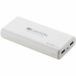 CANYON Power bank 20000mAh Li-poly battery, Input 5V/2.1A, Output 5V/2.1A(Max), with Smart IC, White, 3in1 USB cable length 0.3m, 140*64*23.5mm, 0.361Kg