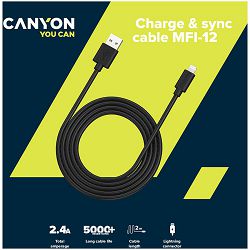 CANYON MFI C48 Lightning USB Cable for Apple (C48), round, PVC, 2M, OD:4.0mm, Power+signal wire: 21AWG*2C+28AWG*2C,  Data transfer speed:26MB/s, Black.  With shield , with CANYON logo and CANYON packa