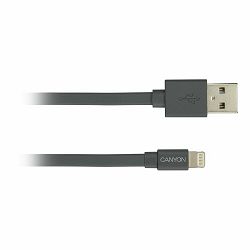 CANYON Charge & Sync MFI flat cable, USB to lightning, certified by Apple, 1m, 0.28mm, Dark gray