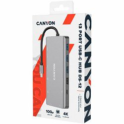 CANYON 13 in 1 USB C hub, with 2*HDMI, 3*USB3.0: support max. 5Gbps, 1*USB2.0: support max. 480Mbps, 1*PD: support max 100W PD, 1*VGA,1* Type C data, 1*Glgabit Ethernet, 1*3.5mm audio jack, cable 15cm