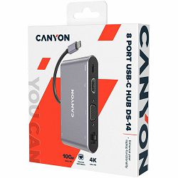 CANYON  8 in 1 USB C hub, with 1*HDMI: 4K*30Hz, 1*VGA, 1*Type-C PD charging port, Max 100W PD input. 3*USB3.0,transfer speed up to 5Gbps. 1*Glgabit Ethernet, 1*3.5mm audio jack, cable 15cm, Aluminum a