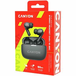 CANYON OnGo TWS-10 ANC+ENC, Bluetooth Headset, microphone, BT v5.3 BT8922F, Frequence Response:20Hz-20kHz, battery Earbud 40mAh*2+Charging case 500mAH, type-C cable length 24cm,size 63.97*47.47*26.5mm