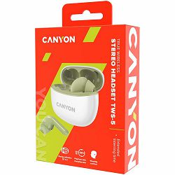 Canyon TWS-5 Bluetooth headset, with microphone, BT V5.3 JL 6983D4, Frequence Response:20Hz-20kHz, battery EarBud 40mAh*2+Charging Case 500mAh, type-C cable length 0.24m, Size: 58.5*52.91*25.5mm, 0.03