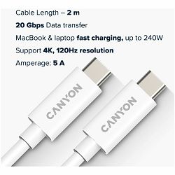 CANYON UC-42, cable, U4-CC-5A2M-E, USB4 TYPE-C to TYPE-C cable assembly 20G 2m 5A 240W(ERP) with E-MARK, CE, ROHS, white