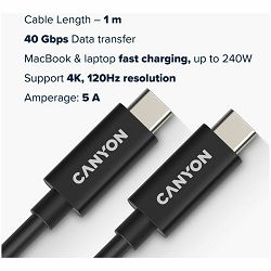 CANYON UC-44, cable, U4-CC-5A1M-E, USB4 TYPE-C to TYPE-C cable assembly 40G 1m 5A 240W(ERP) with E-MARK, CE, ROHS, black