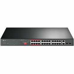 24-port 10/100Mbps Unmanaged PoE+ Switch with 2 combo RJ-45/SFP uplink ports, metal case, rack mount, 24 802.3af/at compliant PoE+ ports, 2 gigabit combo RJ-45/SFP uplink ports, DIP switches for Exten