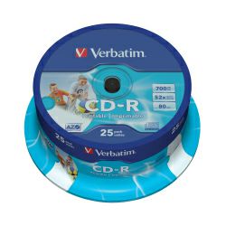 CD-R Verbatim 700MB 52× DataLife Wide InkJet PRINTABLE 25 pack spindle